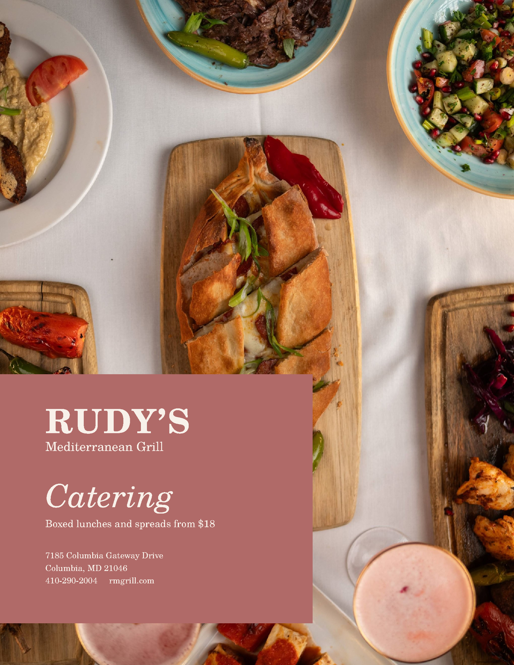 Rudy’s Mediterranean Grill Catering Menu — Page 1: Cover (Boxed lunches and spreads from $18)