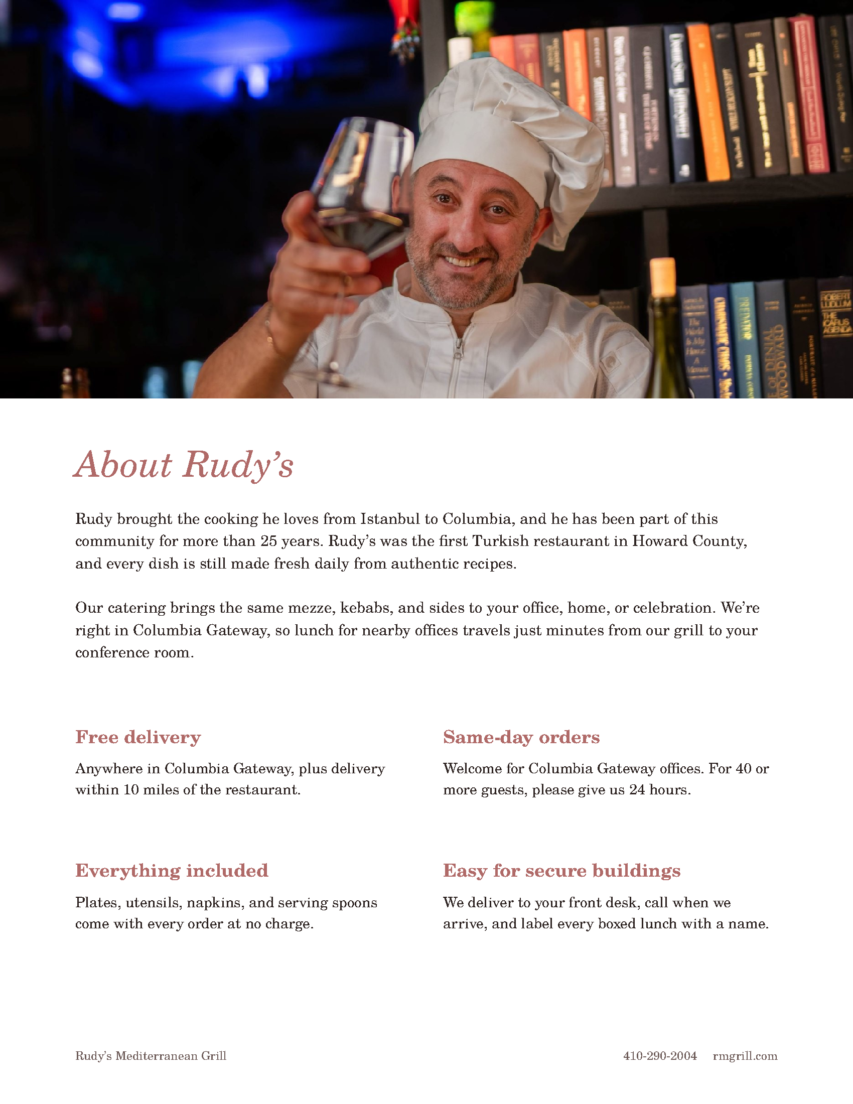 Rudy’s Mediterranean Grill Catering Menu — Page 2: About Rudy’s, Free Delivery in Columbia Gateway, and Included Essentials