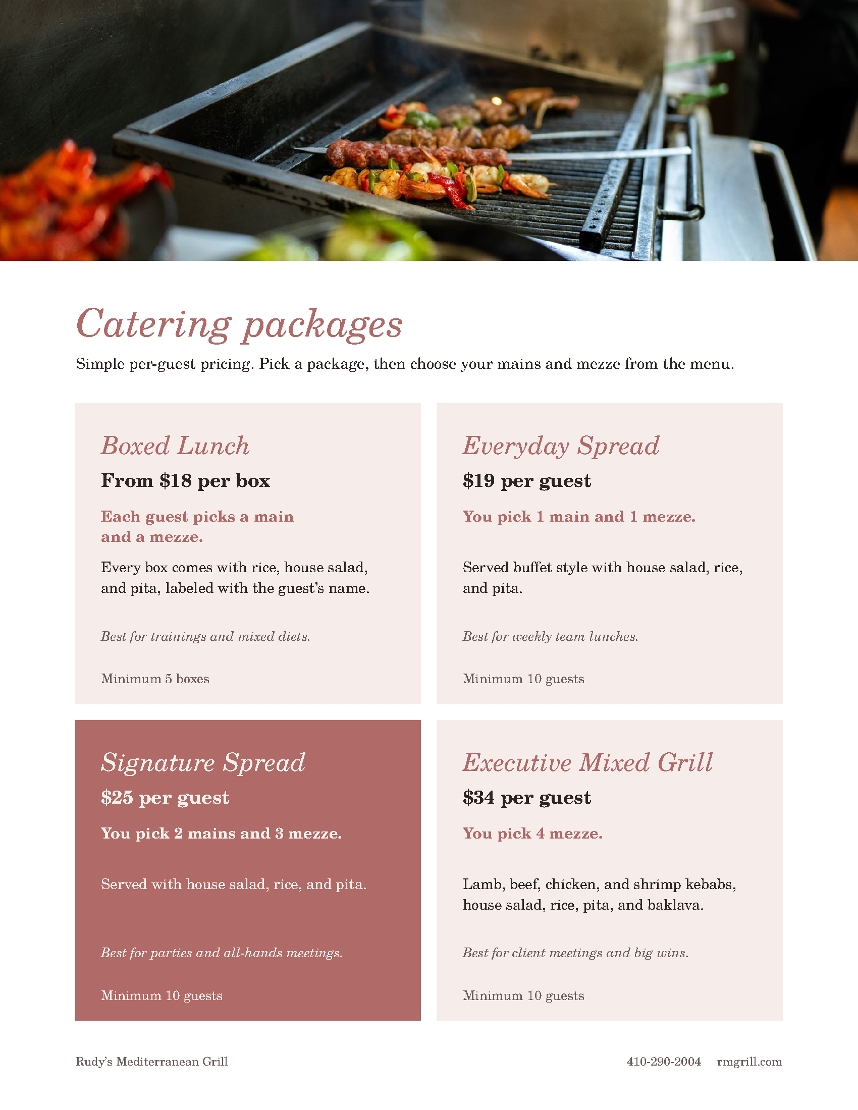 Rudy’s Mediterranean Grill Catering Menu — Page 3: Catering Packages (Boxed Lunch $18+, Everyday Spread $19, Signature Spread $25, Executive Mixed Grill $34)