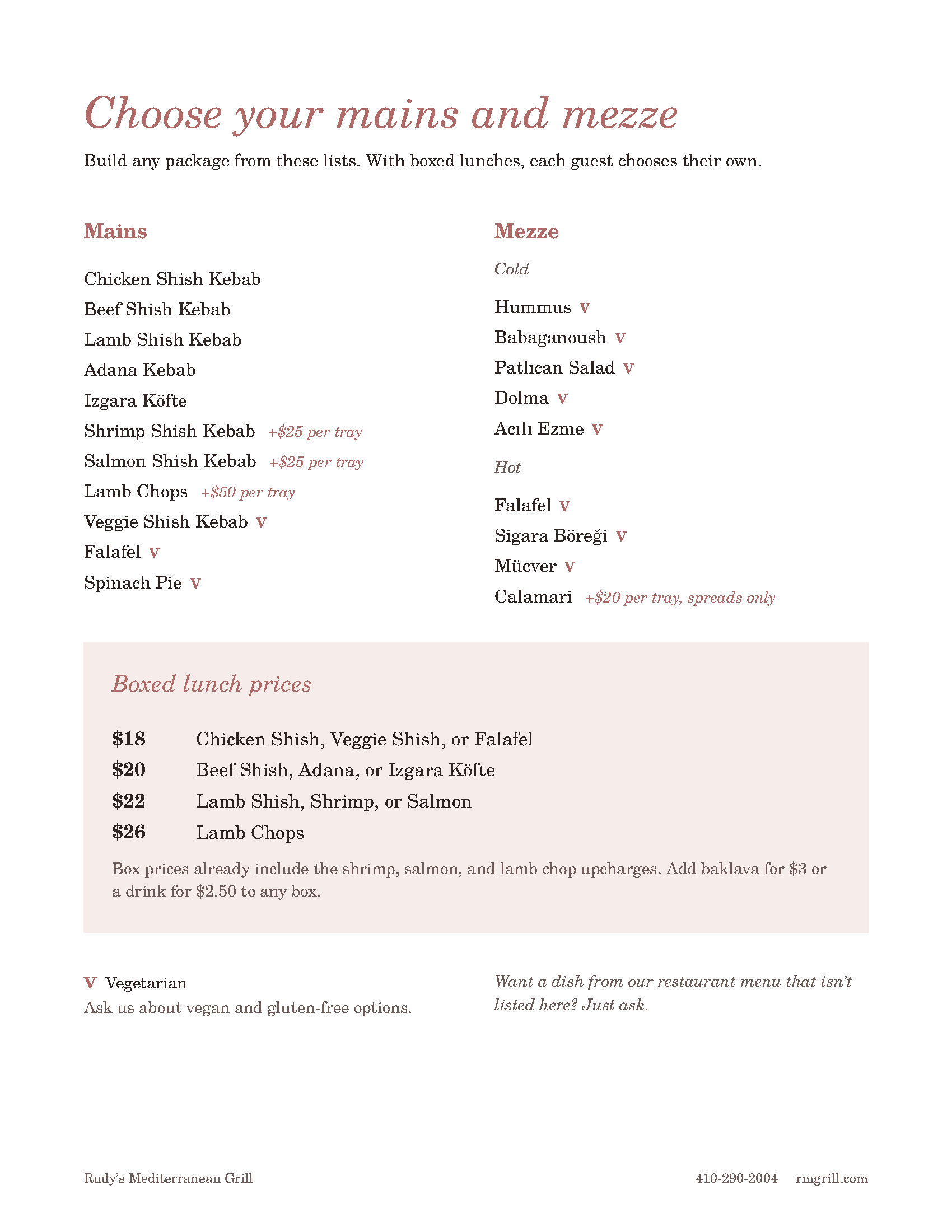Rudy’s Mediterranean Grill Catering Menu — Page 4: Mains, Cold & Hot Mezze, and Boxed Lunch Pricing ($18–$26)