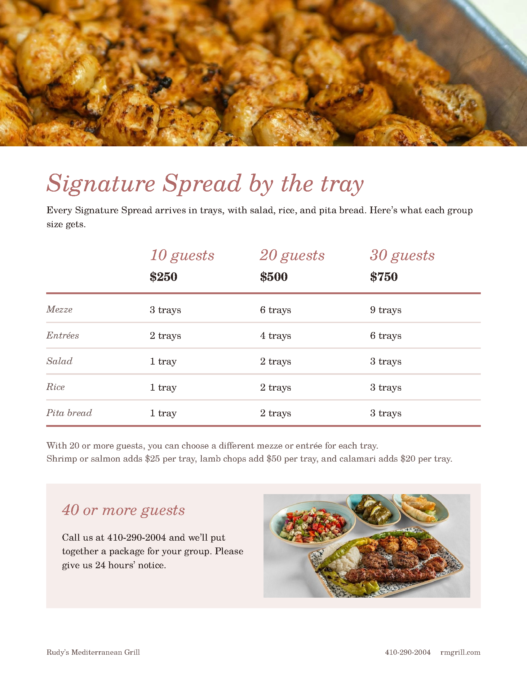 Rudy’s Mediterranean Grill Catering Menu — Page 5: Signature Spread by the Tray (10, 20, and 30 Guest Packages)