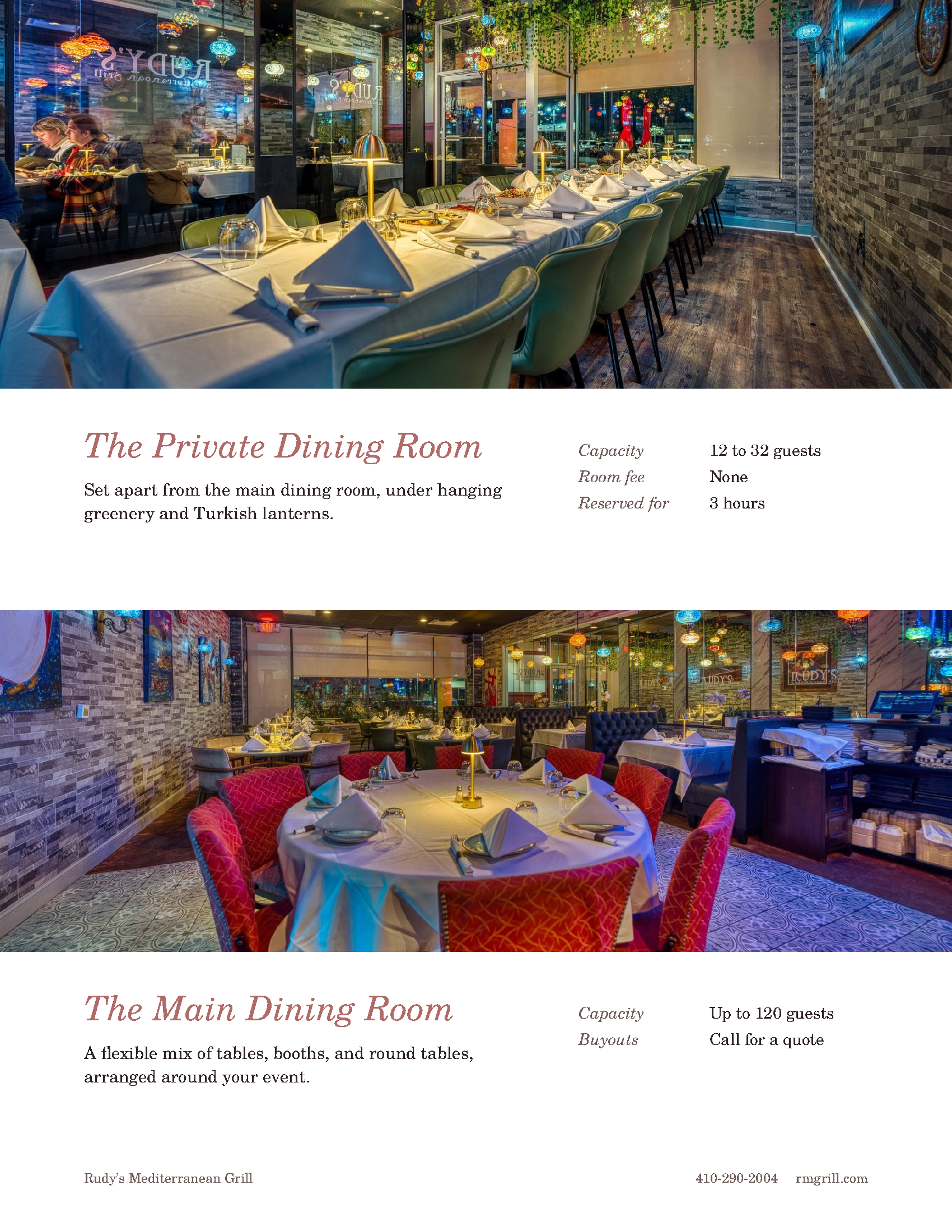 Rudy’s Mediterranean Grill Private Events Menu — Page 3: The Private Dining Room (12–32 guests) and Main Dining Room (up to 120 guests)