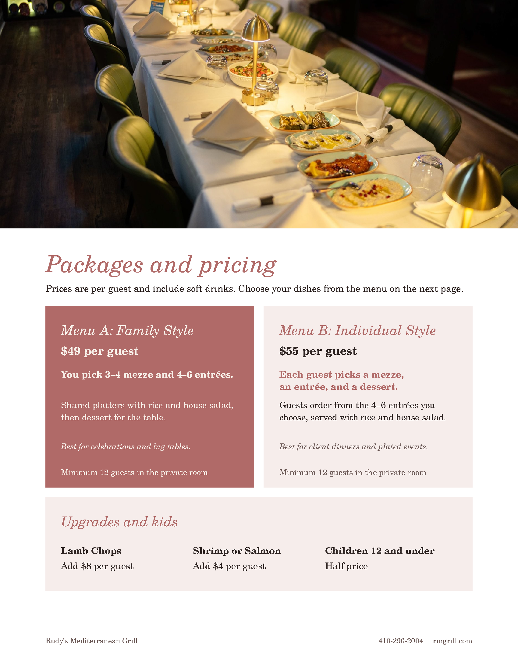 Rudy’s Mediterranean Grill Private Events Menu — Page 4: Packages and Pricing (Menu A Family Style $49/guest, Menu B Individual Style $55/guest)