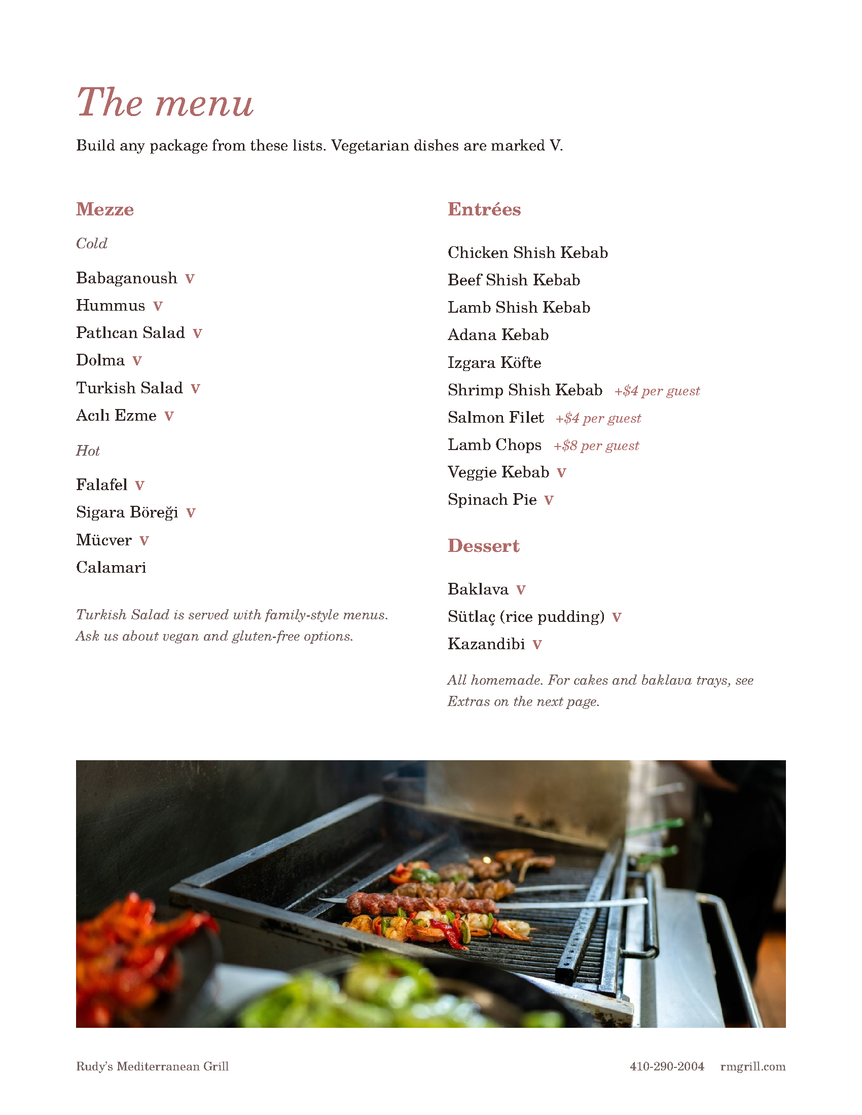 Rudy’s Mediterranean Grill Private Events Menu — Page 5: Cold & Hot Mezze, Entrees, and Homemade Desserts