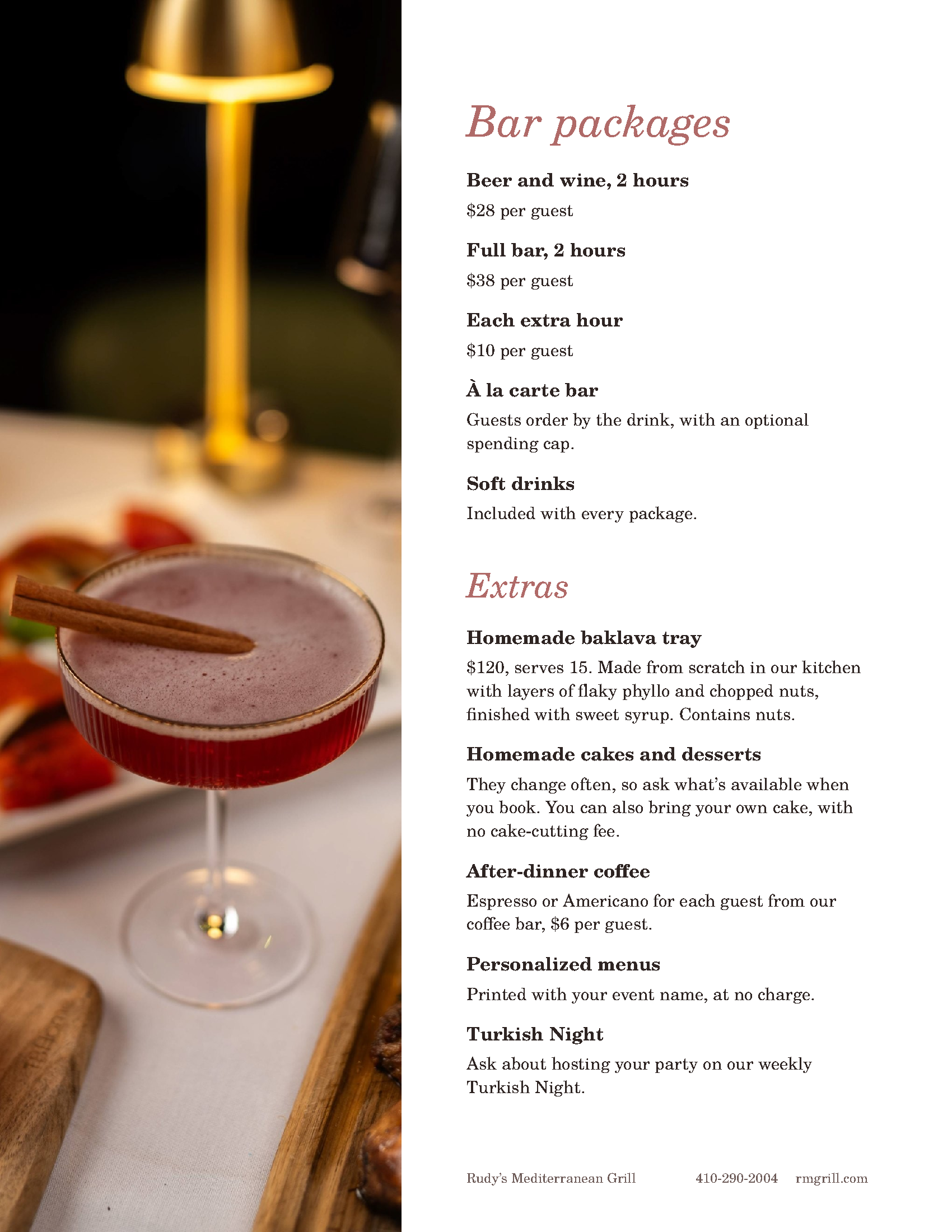 Rudy’s Mediterranean Grill Private Events Menu — Page 6: Bar Packages ($28–$38/guest) and Event Extras