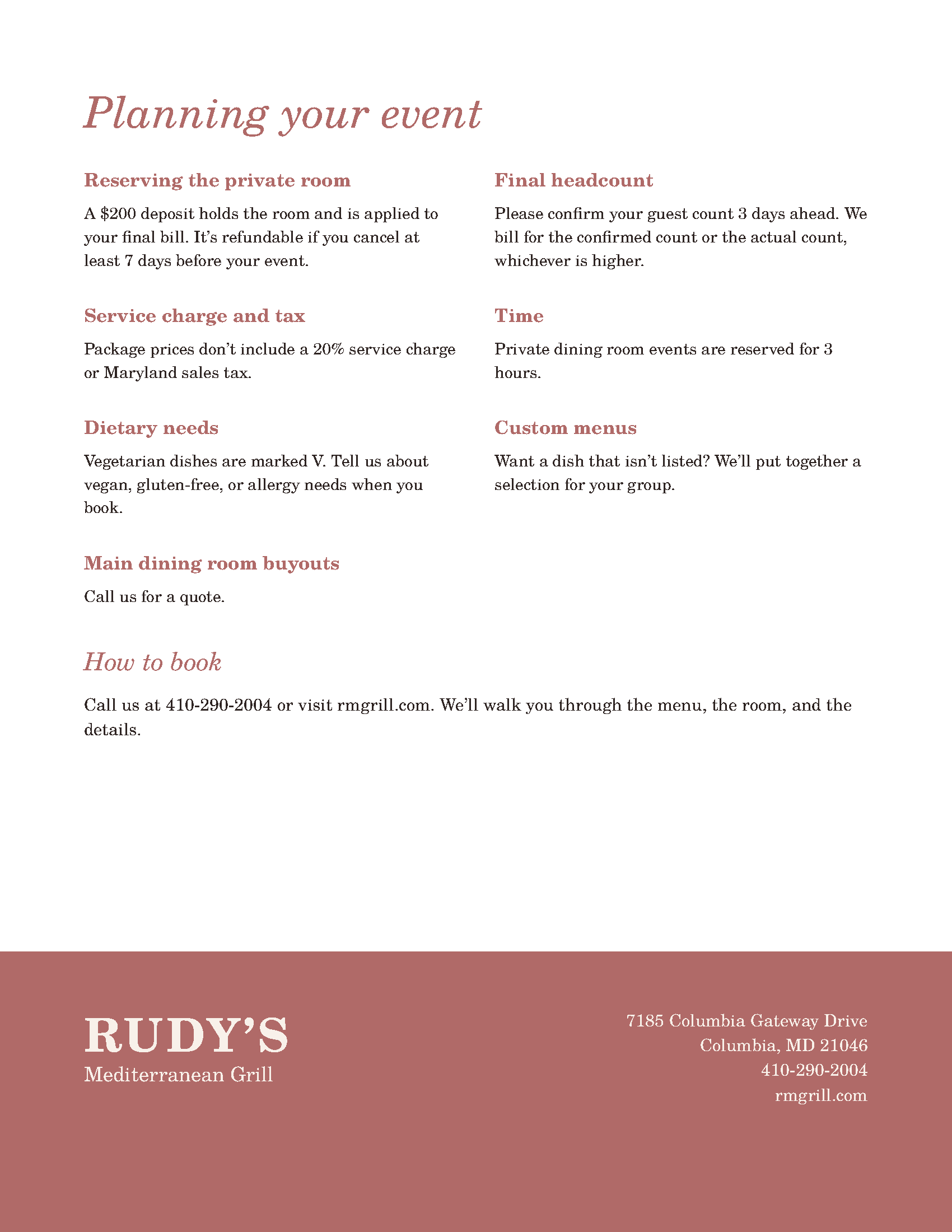 Rudy’s Mediterranean Grill Private Events Menu — Page 7: Planning Your Event, Deposit, Headcount, and Booking Details